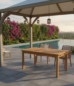 Table rectangulaire en teck haut de gamme pour l'extérieur, conçue pour les jardins, patios et complexes hôteliers haut de gamme, avec une qualité durable et un design raffiné. - Product Image 2