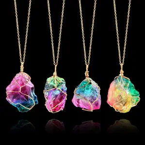 Pedra Natural colorido Envolvido Cristal Pingente Transparente Mulheres Multi Color Cadeia Colar