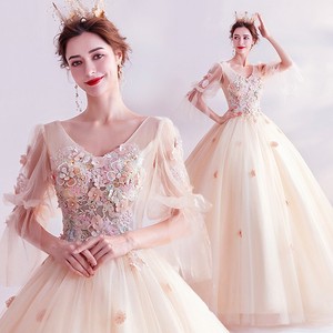 Champagne Ball Gown Evening Dress V-Neck Floral Print Chiffon Empire Waistline Long Sleeve Formal Wedding Banquet Dress - Product Image 1