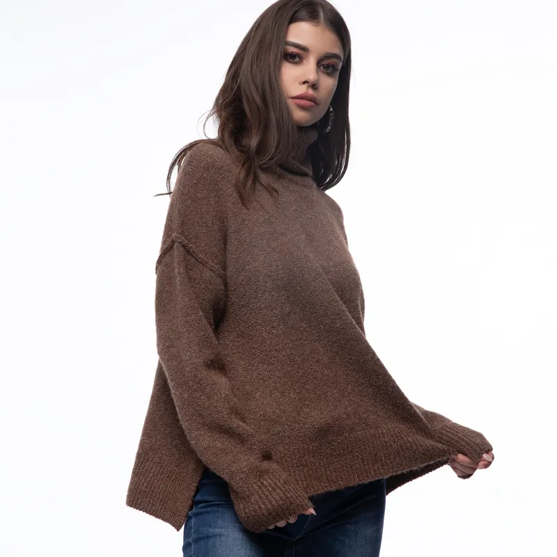 New arrival pullover sweater for women brown color soft long winter turtle neck sweaters women