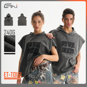 Gilet sans manches à capuche pour homme ETAI, noir, en coton, coupe ample, effet vieilli, loisirs, ourlet droit avec étiquette - Product Image 2