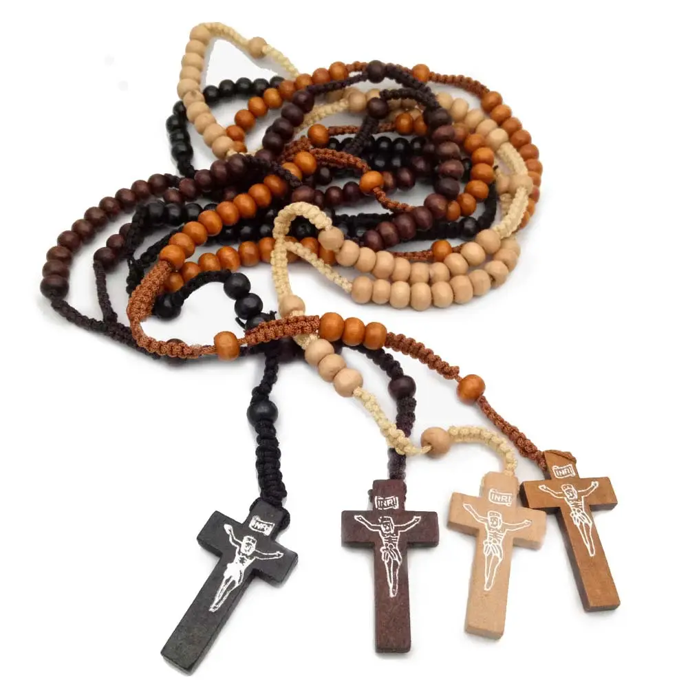 Komi venta al por mayor cuentas de madera católicas religiosas hechas a mano Jesús Cruz colgante encanto Rosario collar