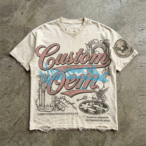 เสื้อยืดผู้ชายสไตล์สตรีทแวร์ทรงโอเวอร์ไซส์ ไหล่ตก ตัดเย็บทรงบ็อกซี่ ผ้าฝ้าย 100% สไตล์วินเทจ ลุคเก่าแบบดิจิตอลพิมพ์ลาย  OEM รับผลิตตามแบบ - Product Image 1