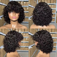 Peluca de Cabello Virgen Rizado de Lujo de 12 Pulgadas con Flequillo, Cabello Natural Ombre, Pelucas Bob de Cabello Humano Hechas a Máquina para Mujeres