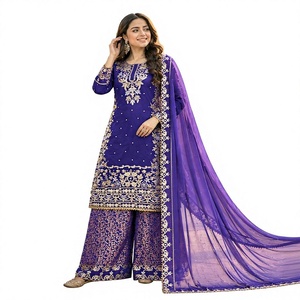 Salwar Kameez Morado Bordado con Dupatta de Tela de Red para Mujer, Traje Tradicional Indio Pakistaní para Bodas, Largo hasta el Tobillo, Corte Regular - Product Image 1