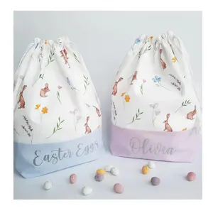 Bolsa con estampado personalizado para decoración de fiesta, bolsa de regalo para niños, conejo, rosa, azul, caramelo, Pascua