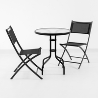 Ensemble bistrot pliant 3 pièces pour patio, table ronde en verre ondulé et 2 chaises pliantes en tissu respirant, ensemble de jardin extérieur noir