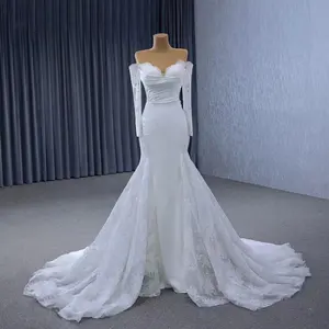 Nouvelle mode mariée porter hors épaule manches longues pure motif dentelle robes de mariée blanches 2024