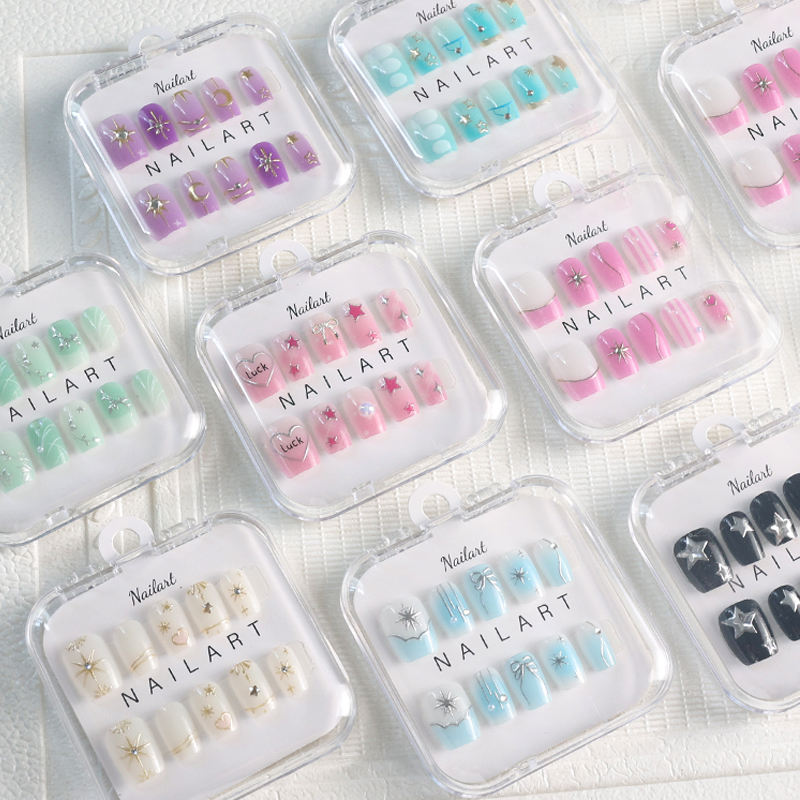 In Stock 10pcs Short Coffin Full Cover ABS Nail Art Tips S/M/L Gilding Gold/Silver Stars Press on Nails for Fingers