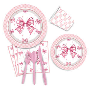 Il moderno vassoio di <span class=keywords><strong>carta</strong></span> usa e getta con fiocco rosa per feste di compleanno include tovaglioli di posate rotonde e tazze di Kit di decorazione per feste - Product Image 2