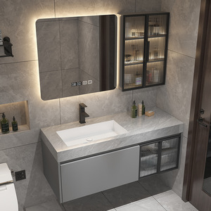 Nouvelle armoire de rangement intelligente avec miroir gris moderne, meuble de salle de bain mural avec miroir LED intelligent et plateau en pierre - Product Image 1