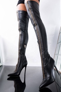 Designer Custom pelle sintetica elastica nera <span class=keywords><strong>con</strong></span> cerniera dorata stivali alti alla coscia donna sopra il ginocchio borchie dorate stivali <span class=keywords><strong>con</strong></span> tacco alto - Product Image 2