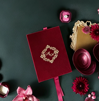 Boîte cadeau de mariage en velours bordeaux en gros, cadre personnalisé de luxe avec monogramme en feuille d'or, invitations, dossier pour la Saint-Valentin
