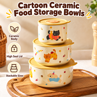 Ensemble de bols de conservation alimentaire en céramique imprimés d'animaux mignons, couvercle hermétique avec valve d'étanchéité en silicone, bols en porcelaine empilables