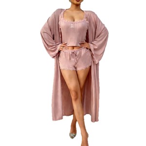 Conjunto de Tres Piezas para Mujer, Color Sólido, Estilo Simple, Top + Pantalones + Bata, Ropa Cómoda para Estar en Casa, P286 - Product Image 2