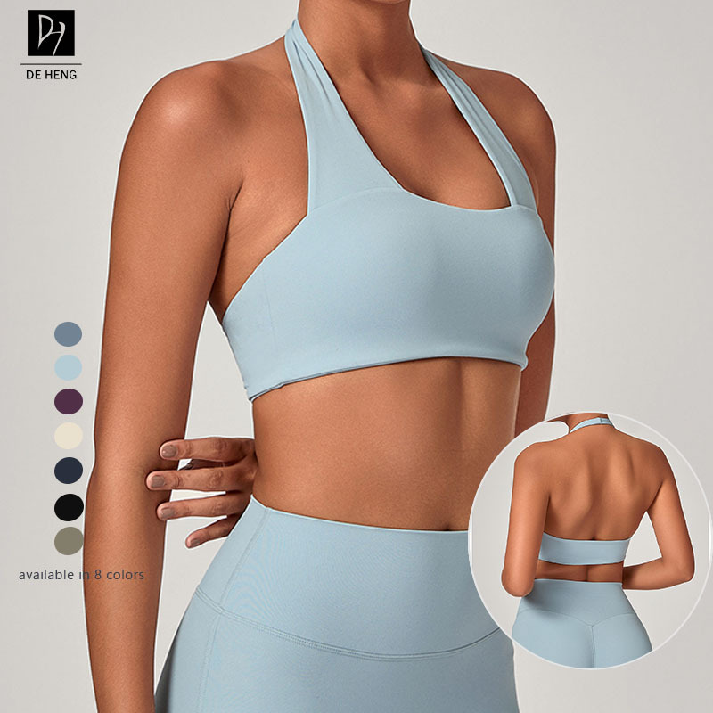 Halter Deep V Neck Backless Female Crop Woman Yoga Fitness Workout Breathable Sweat Wicking Plaid Bra