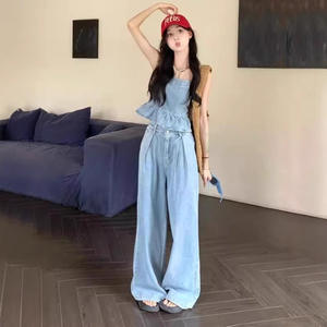 Ensemble deux pièces en jean pour femme : débardeur court et pantalon large, tenue décontractée respirante pour l'été, motif imprimé SAND WASH - Product Image 5