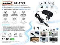 Adaptor Daya Plug-in OEM/ODM 24W Input 90-264Vac Output 5/9/12/24Vdc CE/FCC Kelas II Level VI untuk Router/LED Hynapower HP-A24S