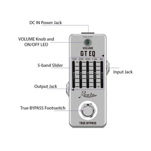 Pedal ecualizador de guitarra eléctrica Rowin de 5 bandas 100Hz 250Hz 630Hz <span class=keywords><strong>1</strong></span>,6 kHz 4kHz True Bypass <span class=keywords><strong>1</strong></span>/4 pulgadas Mono efectos de carcasa metálica - Product Image 4