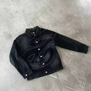 Veste <span class=keywords><strong>en</strong></span> jean d'automne décontractée et respirante à motif 3D rétro deux pièces lavées à l'acide de haute qualité personnalisées et pantalon évasé costume pour hommes - Product Image 1