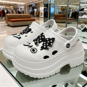 White Thick Sole Clogs <b>With</b> Black Polka Dot <b>Bow</b> Women's Fashion Summer <b>Shoes</b> 9cm Heel Height Crocs Style - Product Image 1