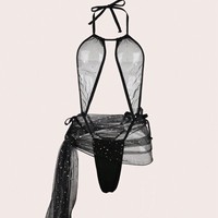 Body exotique en résille, décolleté plongeant, style bikini trois points, broderie, bretelles réglables, transparent, sexy