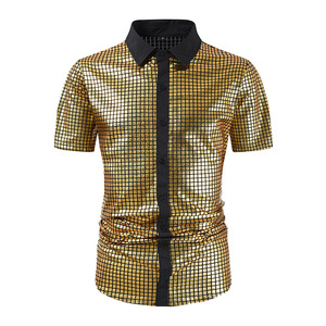 Chemises pour hommes à boutons, paillettes, manches courtes, années 70, discothèque, costume de cosplay, argenté métallique, polos de performance pour hommes - Product Image 2