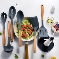 Accessoires de cuisine antiadhésifs, ustensiles de cuisine avec manches en bois, ensemble de 7 ustensiles de cuisine en silicone avec support de rangement rotatif