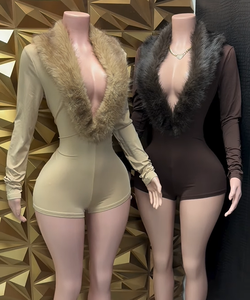 Viviblook D25RP503 Women's Romper Winter New Solid Color Sexy Fur Deep V Collar Long Sleeved <b>Tight</b> Romper - Product Image 1