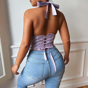 Solid <strong>Satin</strong> Cropped Tied <strong>Halter</strong> Purple Top Sleeveless Brand New Mix Bales Clothes Women Sexy Tank Crops Corset Tops - Product Image 2