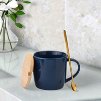 Mug à café en céramique avec couvercle en bois et cuillère en métal, tasse à thé en porcelaine de couleur unie, logo personnalisé, vaisselle de bureau et de maison, vente en gros