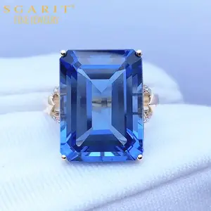 SGARIT 고품질 보석 맞춤형 18k 골드 여성 손가락 반지 14.5ct 자연 블루 토파즈 반지