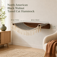 Hamac mural pour chat avec panneau arrière en placage de noyer, lit en lin et coton à carreaux gris avec décorations à pompons, perchoir mural pour chat, accessoire pour arbre à chat