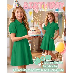 Robe Polo Uniforme Fille Manches Courtes Bouffantes Coupe Évasée Respirante avec Boutons 5-14 Ans - Product Image 2