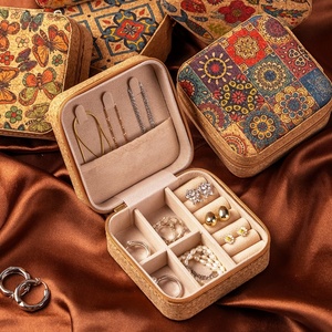 Chinese Retro High-End Square Cork Zipper Closure <b>Floral</b> Pattern Portable Jewelry <b>Box</b> for Earrings Rings Necklace Storage Stock - Product Image 2