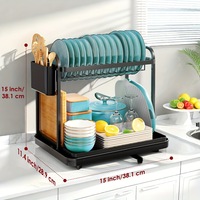Rak Pengering Piring 2 Tingkat untuk Meja Dapur dengan Alas Tirisan & Tempat Peralatan Makan