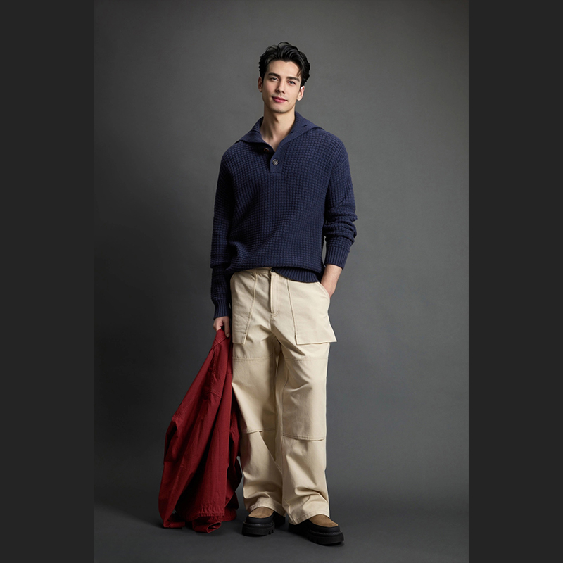 Half-length Button Fastening Honeycomb Stitch Ribbed Stand-up Collar, Cuffs and Hem Men's Sweaters