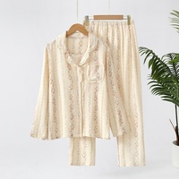 Sweethoney – pyjama en pur coton pour femmes, ensemble de vêtements de maison à manches longues, léger et ample, en crêpe, longueur complète, col à revers, printemps-automne