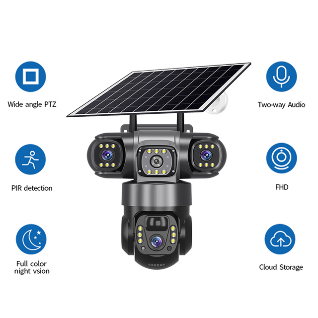 Solar Powered Three Lens PTZ Security Camera with 360° Panoramic View IP66 Outdoor Camera for Farm/Yard Smart Motion Detection