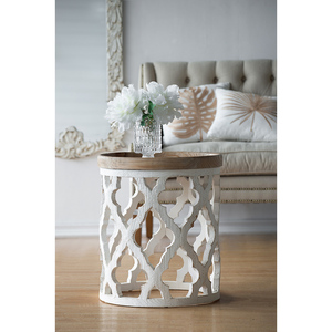 23 In Large Distressed White Side <b>Table</b> With Wooden Top And Lattice Design - Product Image 4