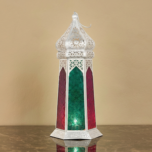 Wholesale Gold Taper Metal Moroccan <b>Tea</b> <b>Light</b> Candle Holder <b>Lantern</b> with Colorful Floral Glass - Product Image 2