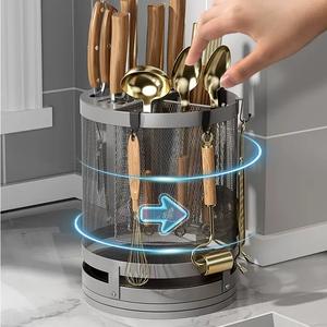 Portacuchillos Giratorio de 360 Grados de Acero Inoxidable Moderno, Tipo de Piso, No Plegable, Soporte para Almacenamiento de Palillos/Cucharas de Cocina - Product Image 2