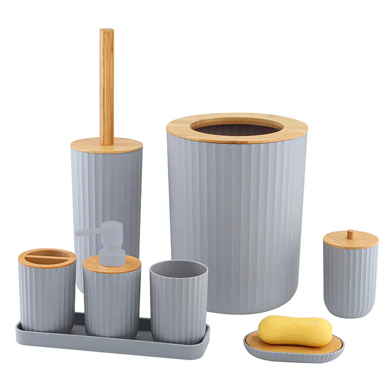 Grey Soap Dispenser Soap Dish Toothbrush Holder Practical Holder with Bamboo Lids for Bathroom Decor Accessories Set
