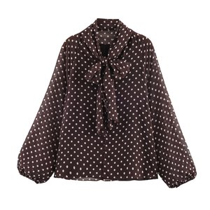 Neue Damen-Bluse mit Polka Dots, Langarm, Stehkragen, Schleife, Transparentes Chiffon-Oberteil, Elegantes Freizeithemd - Product Image 5