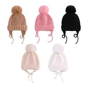2024 new cute knitted pompom baby hat gloves cap thick warm girl/boy hat gloves beanie winter ear warm kids hat baby bonnet muts