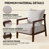 Fauteuil d'appoint en bois de frêne avec design ergonomique à 107 degrés, accoudoirs en bois massif pour salon, chambre, bureau