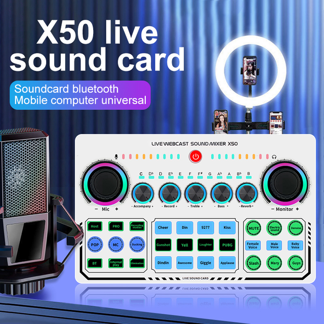 X50 Professional Studio Sound Card Noise Reduction Audio Mixer with Mic Input Live Streaming Voice Changer for PC Mobile Phone