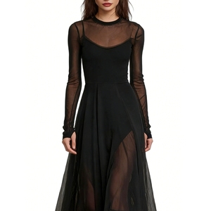 เดรสยาวผ้าตาข่ายซีทรูแขนยาวสำหรับผู้หญิง ทรงเอไลน์ชายกระโปรงไม่สมมาตร ชุดราตรีแฟชั่นสำหรับผู้หญิง - Product Image 3