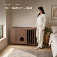 Meuble intelligent pour animaux de compagnie couleur noyer, maison en bois pour chat avec lit, bac à litière et rangement, contrôle via application OTA