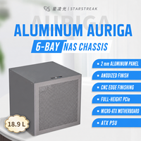 Boîtier NAS Auriga Mid Tower en aluminium de 2 mm à 6 baies pour MicroATX/ITX avec backplane SATA à échange à chaud, alimentation ATX et 4 emplacements PCIe